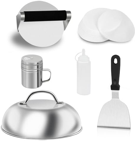 Qcdou Smashed Kit de presse à hamburger, 6 pièces de presse à hamburger, spatule en métal, dôme de fusion de fromage, 100 feuilles de papier à galettes de cire, bouteilles compressibles, kit