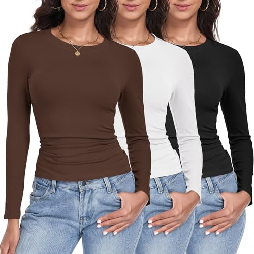 GetGigt 3 Pack Womens Long Sleeve Tops Crew Neck Slim Fit T Shirts Thermal Undershirts Y2K Top Stretchy Fashion Clothing(S,Black,White,Coffee)