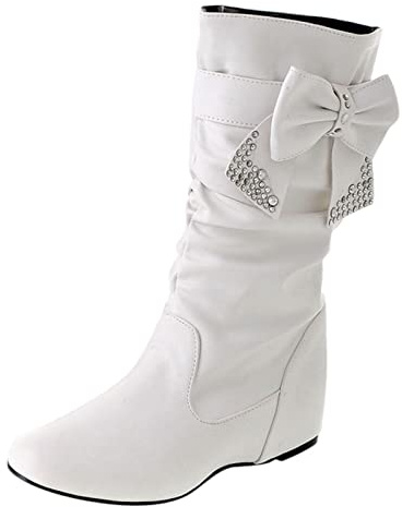 Generisch Bottes rétro pour femme avec nœud papillon et strass - Talon bas - Slip On Mid mollet - Bout rond, Blanc., 40 EU