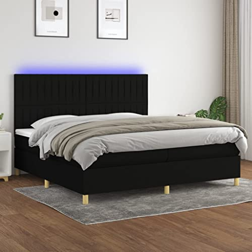 Tonture resårsäng med madrass och LED, svart, 200 x 200 cm, tygöverdrag, höjdjusterbar sänggavel, fickfjädermadrass, madrass, för sovrum