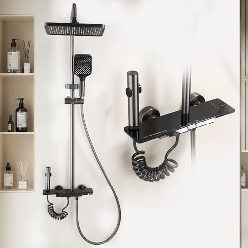 Umisu Colonne de Douche 4 en 1, Système de Douche à Touches Piano, Colonne de Douche Réglable en Hauteur Intégrant une Douchette Hygiénique, avec Douchette à Main et Robinet, Baignoire Cascade