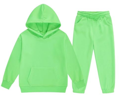 Conjunto de 2 Piezas con Capucha para Niños y Niñas Chándal Cálido con Bolsillo Trajes de Sports Cómodo Color Sólido Sudadera Manga Larga y Pantalones Deportivos Otoño (02-Light Green, 12-13 Years)