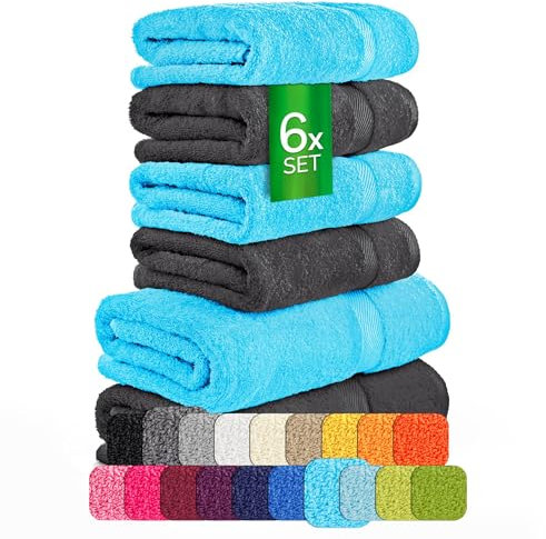 etérea Carli Frottee Handtücher Set - 100% Baumwolle - Oekotex 500 GSM - 6 TLG - 2X Duschtuch 70x140 + 4X Handtuch 50x100 - Bath Towel Frottiertücher - Graphit - Türkis
