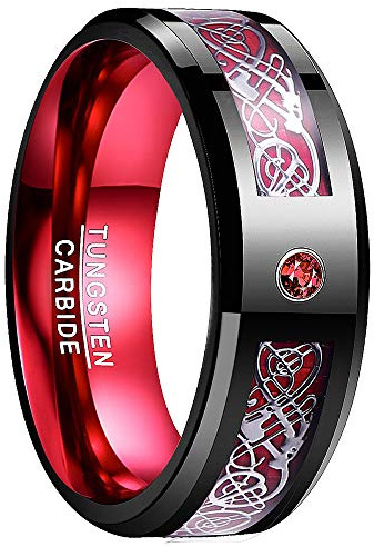 NUNCAD Anello/Anello Maschio/Donna/Unisex con motivo a dragoni in Tungseno con zircone e anello in fibra di carbonio dell'anello di amicizia/memoria bianco + rosso 8 mm (15-34)