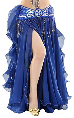 BELLYQUEEN Femme Jupe Danse du Ventre Longue Robe Danse Orientale en Mousseline sans Ceinture Double Fente Taille Elastique Costume Danse Classique Femme Taille Elastique Bleu