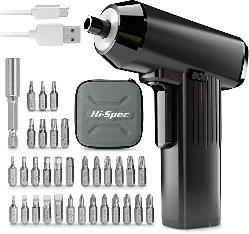 Hi-Spec 34 Pc Black 3.6V Electric Screwdriver Set USB Charging LED Light Li-ion Battery. Compact Cordless Tool with Bit Selection & Carrying Case – Ideal for DIY Repair