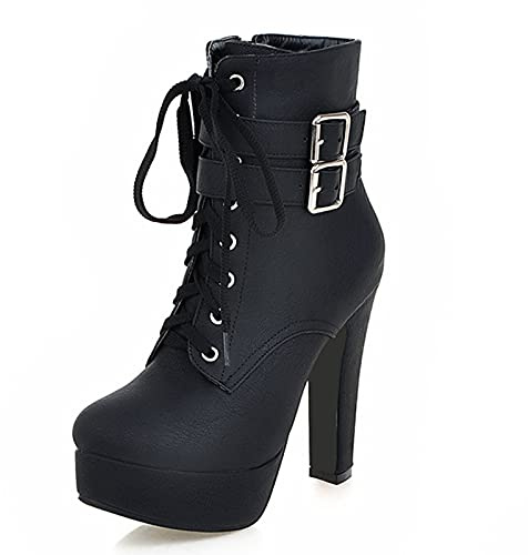 Onewus Fashion Women Lace-up Platform Boots High Block Heel Ankle Booties