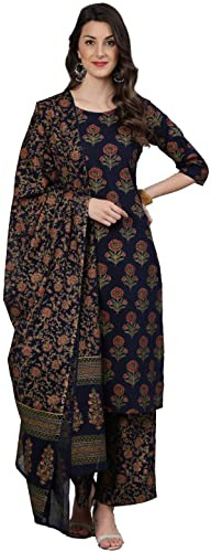 Arayna Kurti Palazzo Women's Pants Set Made of Pure Cotton with Floral Pattern and Dupatta, blue, XL