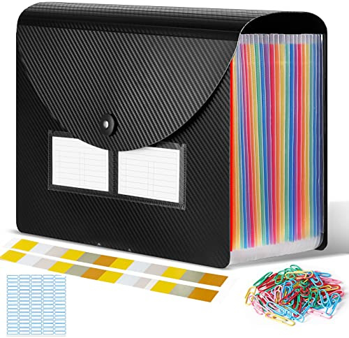 Expanding File Organisers, Document Organiser with 24 Pockets, Portable Accordion Folder File, A4 Filing Folders Plastic Wallets Storage Box with Lid, Labels and Clips