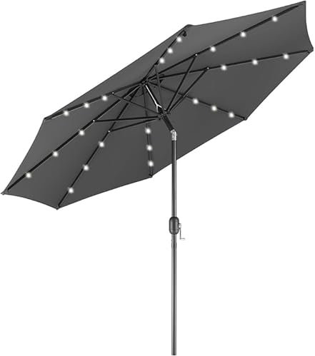 BAKAJI Ombrellone da Giardino Terrazzo con Luce 24 LED e Pannello Solare Dimensioni 270 cm Richiudibile Palo Centrale e Struttura Acciaio Altezza 230 cm Rivestimento in Tessuto Anti UV (Grigio)