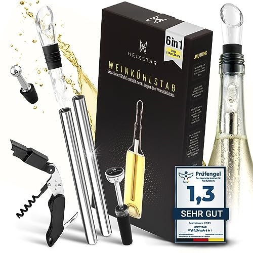 HEIXSTAR Premium Weinkühlstab 6-in-1 - Weinkühler stab edelstahl - inkl. 2x Längen + Langlebiger Weinkorkenzieher + Weinkorken | Flaschenkühler | Der ideale Wein Geschenk | Vinobuddy