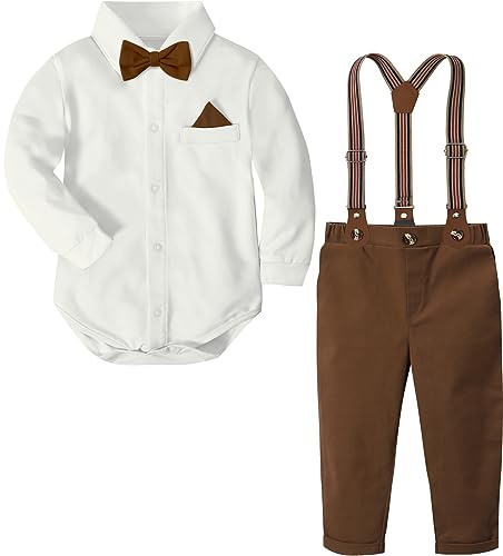 mintgreen Trajes para Niños de Boda, Bebé Bautizo Formal Smoking Manga Larga Ropa, Blanco Marrón, 6-9 Meses, 70