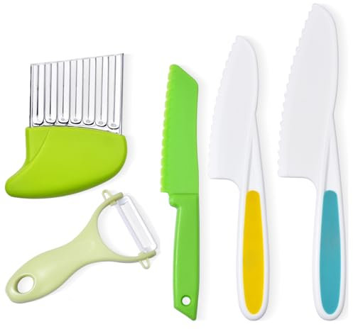 5-teiliges Kindermesser ab 2,3,4 Jahren, Schneidemesser für kinder, Küchenmesser Set mit Sparschäler Wellenschneider für Kleinkinder zum Schneiden von Obst Gemüse Pommes