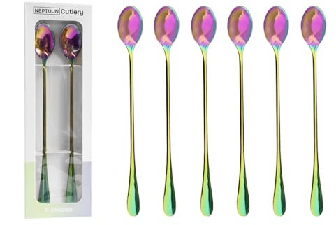 NEPTUUN Hochwertige Latte Macchiato Löffel 6er Set, 22,8 cm, lange Löffel, Longdrinklöffel aus Edelstahl, Cocktaillöffel, Dessertlöffel, Eislöffel,Eiskaffee Hochglanzpoliert (Regenbogen-Farben)