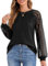 Florboom T-Shirt Damen Langarm Plissee Rundhals Spitze Oberteile Tunika Top, Schwarz XXL
