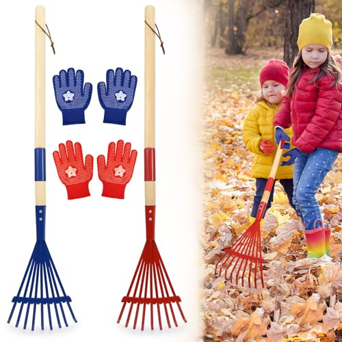 2 PCS 27 Metal Kids Leaves Rakes and 2 Pairs Kids Gloves,Small Kids Lawn Rakes with Wooden Handle,Garden Tool Set for Kids Boys and Girls