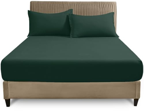 GC GAVENO CAVAILIA Easy Care dra-på-lakan för king size – mjukt bomullstyg lakan (150 x 200 cm) – icke-järn blekningsbeständigt sängkläder och linne – elastiskt 25 cm djupt slätt underlakan, mörkgrönt