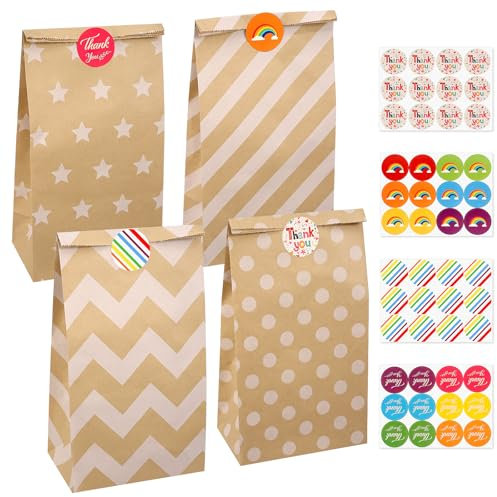 Zeawavsl Kindergeburtstag Papiertüten, 20 Papiertüten und 48 Aufkleber, 24 x 13 x 8 cm, Kraftpapiertüten, geeignet für Kindergeburtstage, Hochzeiten, Feiern, Geschenktüten
