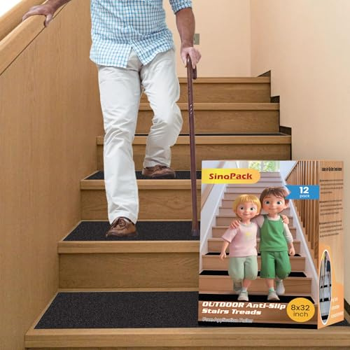 SinoPack Outdoor Non Slip Tape Black 8'' x 32'' (12-Pack) with Free Roller High Traction Adhesive Treads - Heavy Duty 80 grit Black Non Slip Tape -Anti Skid Strips - Grip Tape for Steps