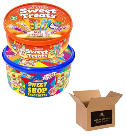 Sweet Treats Assortment Tub – Sweets Box with Love Hearts, Refreshers, Drumsticks for Kids & Adults 600g (Pack 1, Sweet Treats(600g) & Shop Favourites(650g))