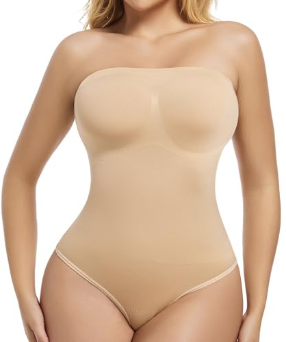 ONEW Dam axelbandslös bandeau formkläder body camisole bodysuit topp med avtagbara spagettiremmar magkontroll stringbody midjetränare tanga body shaper, #4 beige/stringbody, L