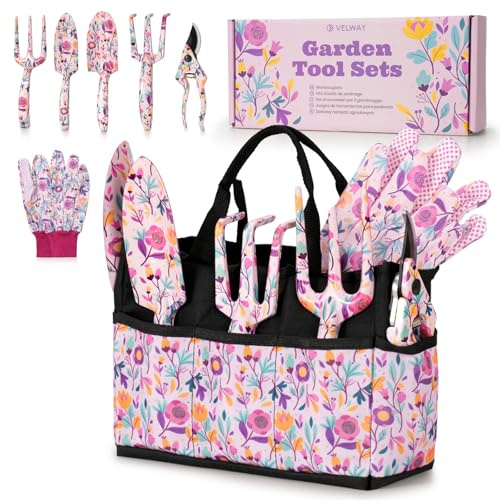 Velway Ensemble d’Outils de Jardinage 7 Pièces – Outils de Jardin à Motif Floral en Métal avec Gants, Sac de Rangement & Coffret pour Femmes, Fête des Mères, Noël, Anniversaire