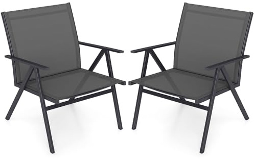 RELAX4LIFE Set di 2 Sedie da Giardino, Sedie da Esterno in Tessuto Traspirante con Schienale Alto e Braccioli, Sedile Extra Largo 54cm, Struttura in Metallo, Max 160KG per Patio (Grigio, 67x61,5x78cm)