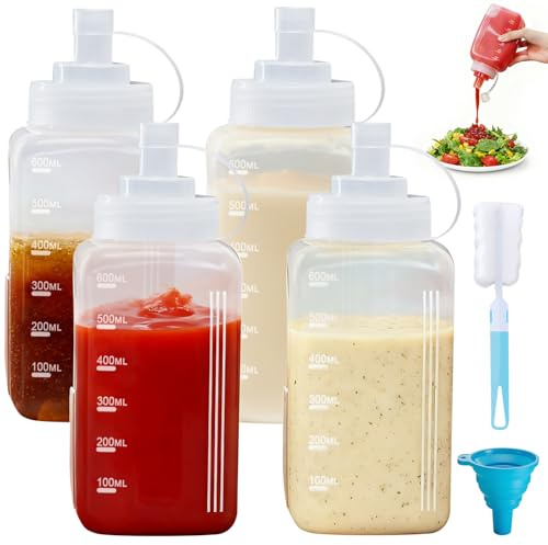 Mispudin 4 Pezzi Bottiglia Squeeze di Plastica, 600ml Bocca Grande Biberon Cucina Professionale con Tappi, Pennello di Pulizia, Imbuto, Squeeze Bottle Sauce per Ketchup, Senape, Mayo, Olio, Salse