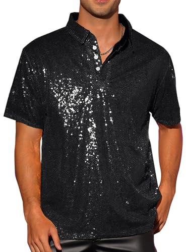 Lshyuehao Men Sparkle Sequins Shirt Vintage Summer 1/4 Sparkle Button Short Sleeve Polo Shirts 70s Vintage Disco Party Rave Tops (A-Black, L)