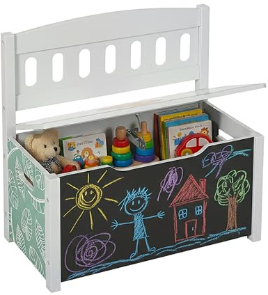 Relaxdays Banco Infantil de almacenaje con Pizarra y Respaldo, 55,5 x 57 x 30 cm, Motivo león, Colorido