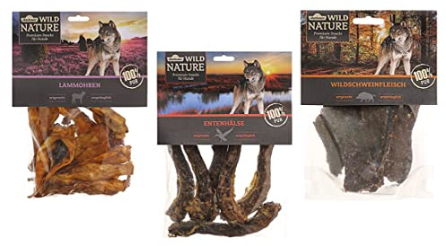 Dehner Wild Nature Perros Snack, 3 Variedades de Mezclar, cuellos de Pato, Cordero y Orejas Wild Carne, Natural, 500 g