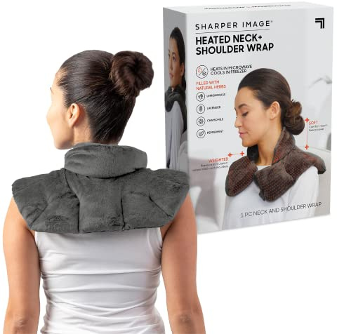 Sharper Image Heated Neck & Shoulder Wrap - Microwavable Warm & Cooling Plush Pad, Scented Aromatherapy (100% Natural Lavender & Herb Spa Blend), Pain Tension Headache Relief Therapy, Gift for Women