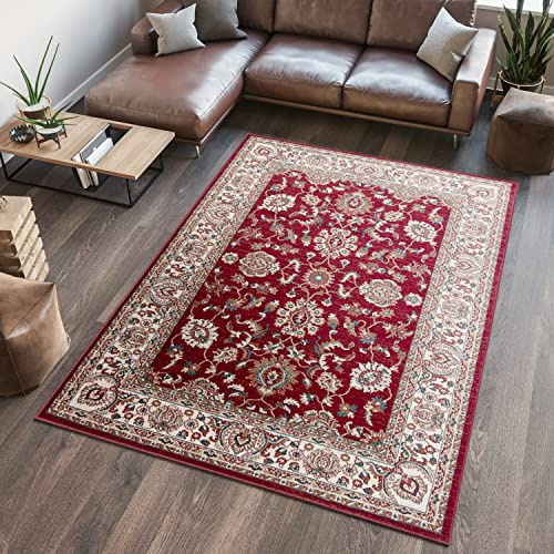 TAPISO Dubai Tappeto Tradizionale Pelo Corto Soggiorno Design Classico Cornice Motivo Floreale Ornamenti TonalitàRosso Crema Salotto Sala Camera Ufficio Oeko-Tex 140 x 200 cm