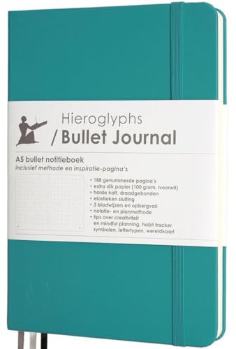 Hieroglyphs Carnet de Notes à Points - Bullet Journal Classic Style, Carnet A5 avec Couverture Vinyle, 3 Signets, Fermeture Élastique, Livre Relié, Bleu Clair