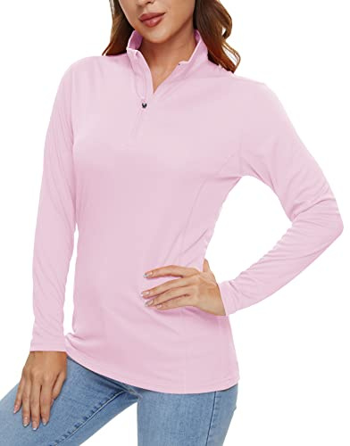 KEFITEVD Damen Funktionsshirt Langarm Half Zip Golf Polo Shirt Sport Oberteil Leicht Longsleeve Elastisch Joggingshirt für Sommer Herbst Rosa