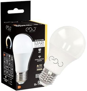 EDO Bombilla LED MARI 8,5W Blanco Cálido 3000K Bombilla LED con Sensor de Movimiento y Crepuscular 806 Lumen No Regulable Bombilla de Bajo Consumo Bombillas LED Máxima Eficiencia 220-240 V