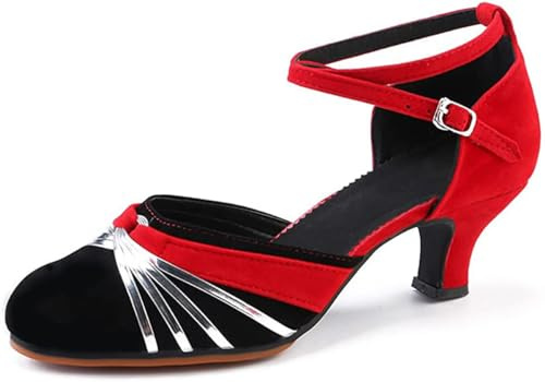 Chaussures de Danse Femme Bout Fermé Dessus Velours Latine Salsa Tango Prom (Rouge Argenté Intérieur, Numeric_41)