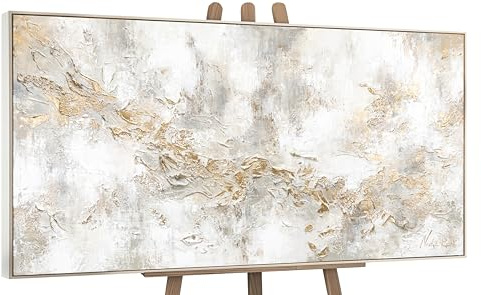 YS-Art Quadro Dipinto a Mano – Bianco Oro Lusso Astratto, Acrilico Moderno Materico su Tela, Decorazione Parete per Corridoio e Pranzo 200x100 cm