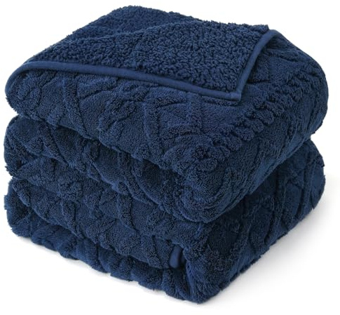 Manta pesada tamaño Queen de 60 x 80 pulgadas, manta de cama Sherpa suave y elegante de 15 libras para calmar y calmar, manta pesada decorativa esponjosa y elegante, color azul marino