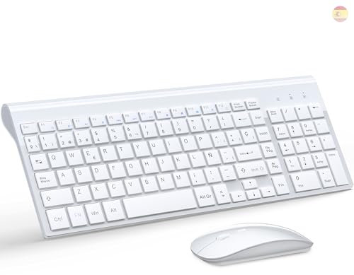 TopMate Pack Teclado y Mouse Inalámbricos Ultra Delgado, 2.4G USB Compacto Silencioso Kit 2400DPI Ratón y Teclado Español con Cubierta, Baterías 2AA y 2 AAA, para PC/Portatil/Windows/Mac - Blanco