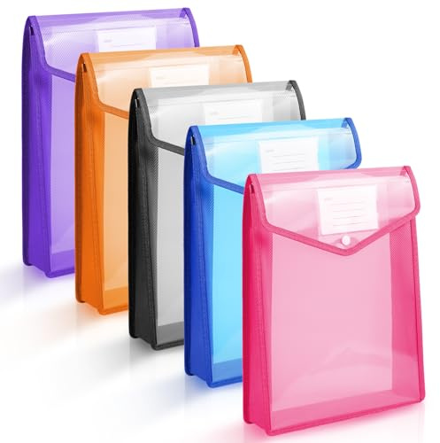 Vicloon A4-plastmappar för dokument, 5 st vertikala plastmappar, kuvert för skola, kontor, hem, med tryckknappsknäppning och kortfack (blå/lila/vit/rosa/orange)