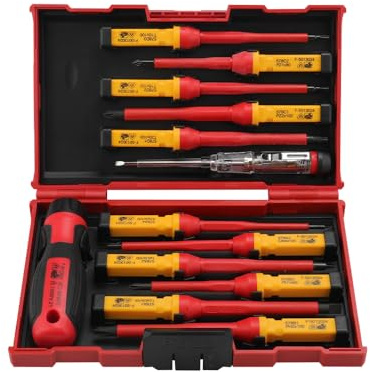 Hoteche VDE Schraubendreher Set 13-teilig - Isolierte Schraubenzieher für Elektriker - SL, PH, PZ, T - 1PCS VDE Elektroprüfer - Rot/Schwarz Kunststoffbox
