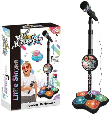 Kids Microphone and Stand, Kids Karaoke Machines for Girls, Children's Microphone, Adjustable Karaoke Machine with Light Pedal, Girls Party Pastime, Sing Musical Toy with Flashing Stage Lights (Black)
