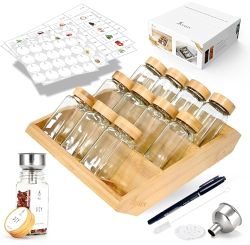 SAEIV Portaspezie 12 Barattoli Vetro Bambù a 3 Livelli, Porta Spezie per Cucina Salva Spazio, Porta Spezie per Piano e Cassetto, Portaspezie Salvaspazio con Tutti gli Accessori