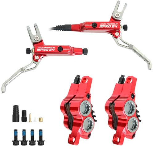 ZTZ IIIPRO E4 MTB Hydraulic Disc Brake Set, 4-Piston Hydraulic Brake Kit with Ceramic Brake Pads for Mountain Bike（Pre-Bled, Front 800mm and Rear 1550mm） (Red)