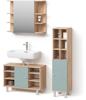 Livinity Set di mobili da bagno Fucino, Verde, 3 parti, con colonna