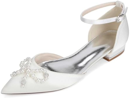 Scarpe Da Sposa Da Donna Con Punta A Punta In Raso Con Fiocchi Di Perle,Scarpe Da Donna Con Tacco E Punta Chiusa,Sandali Con Tacco Basso E Lacci,Scarpe Con Tacco Donna,Perfette Per Matrimoni E Feste