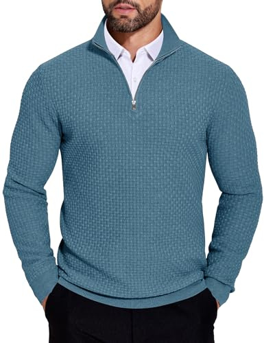 COOFANDY Pull Homme Col Demi-Zip Hiver Chaud en Maille Tricotée Haut à Manches Longues et Col Montant Style Casual ou Travail Texturé Bleu Marine L