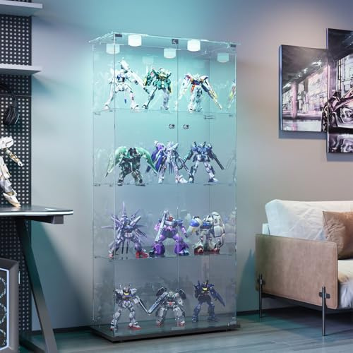 BPKADHY Vitrina de cristal con iluminación LED, de pie con 4 estantes y 2 puertas de cerradura, para salón, oficina, coleccionables, libros