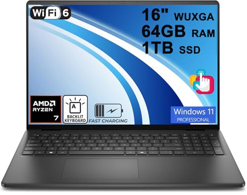 Dell 16 Laptop 16 WUXGA Touchscreen AMD 8-core Ryzen 7 250 (>i7-1355U) 64GB DDR5 1TB SSD Backlit ExpressCharge Wi-Fi6 for Creator Designer Business Professional Work Win11Pro